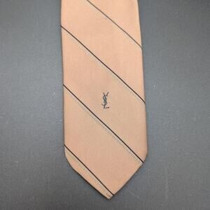 Yves Saint Laurent Tie Mens Brown Blue Stripe YSL Logo Necktie Classic Old Money